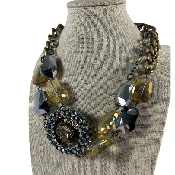 Chunky Beaded Multi Stone Retro Look Two Tier Necklace 14-16" Gold Tone Chain - Picture 1 of 10
